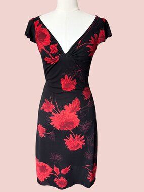 Vintage Red Floral Twist Front Midi Dress